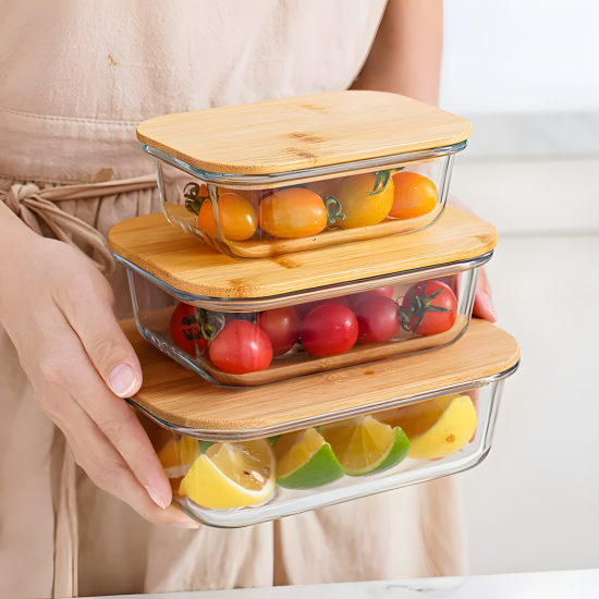 Glass Container With Wooden Lid Medium